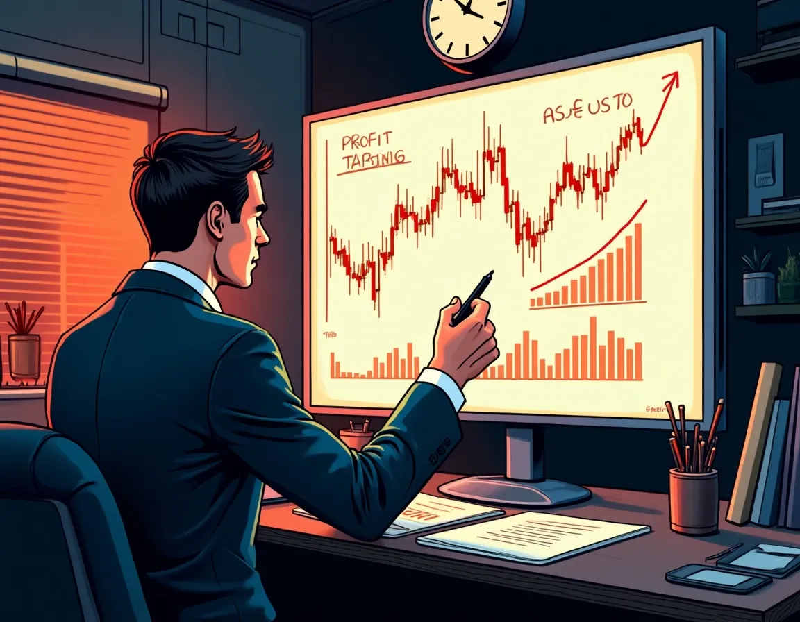Cryptocurrency trader planning systematic profit-taking levels on whiteboard with price charts and percentages