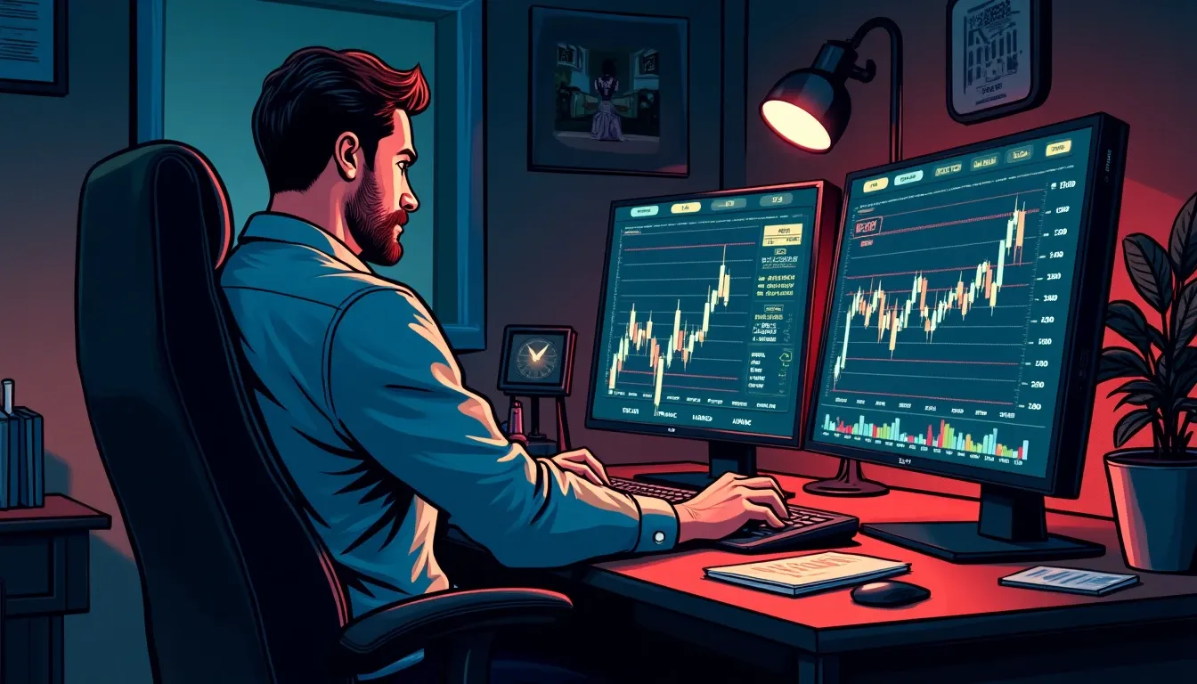 Cryptocurrency trader analyzing profit levels on multiple trading screens and charts