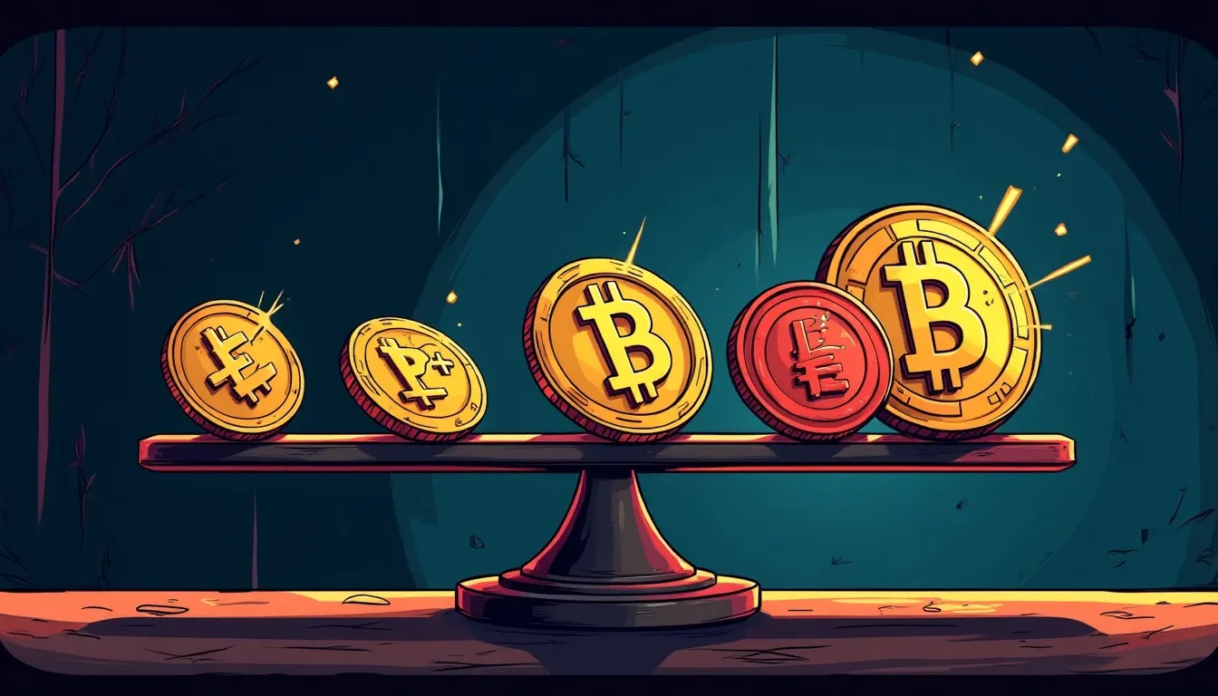 Four protocol tokens on balance scale with percentage change indicators