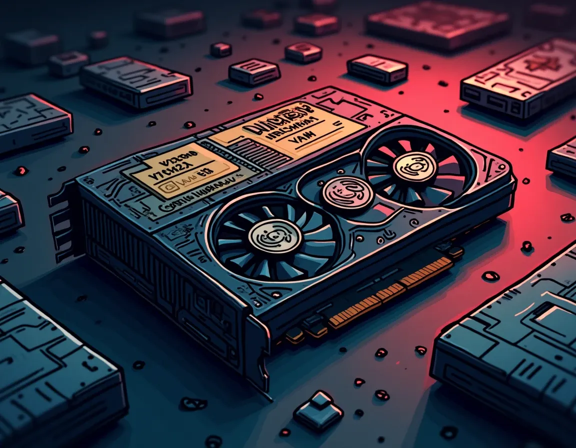 GPU card with VRAM chips and technical specifications visible