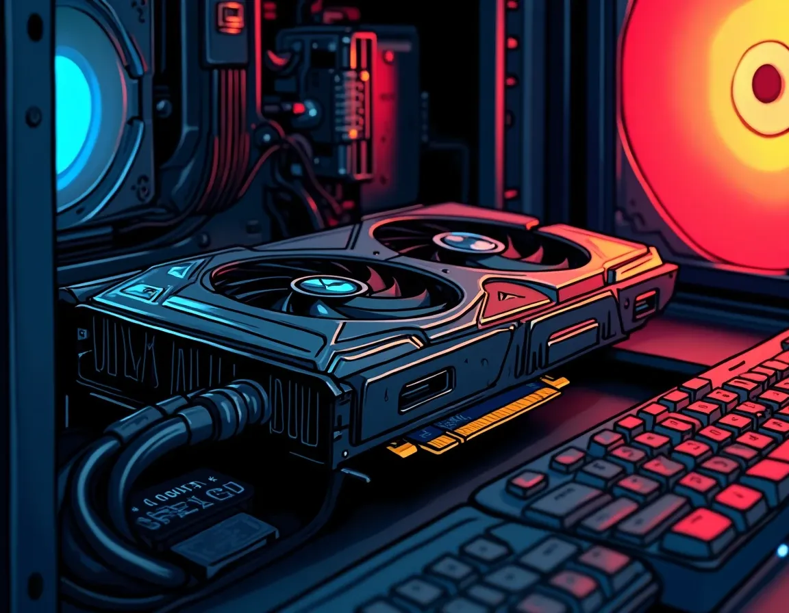 NVIDIA RTX GPU card mounted in desktop computer showing VRAM specifications and power connectors for Render node setup