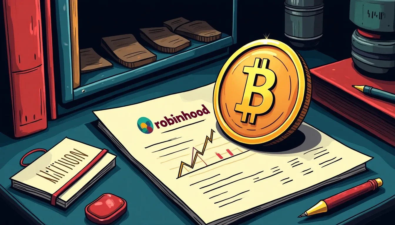 Robinhood logo beside Bitcoin symbol representing corporate treasury adoption and regulated fintech