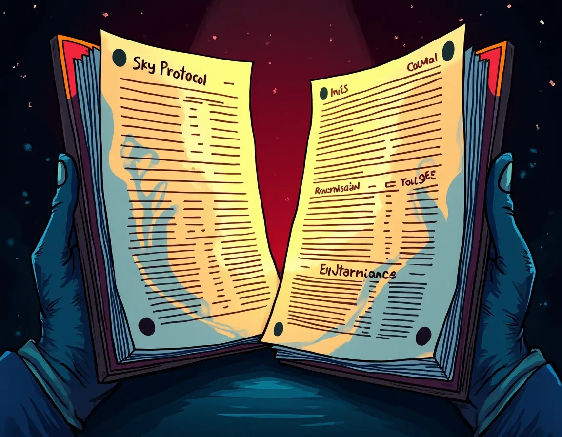 Separated Sky Protocol revenue ledgers and governance policy documents displayed side by side