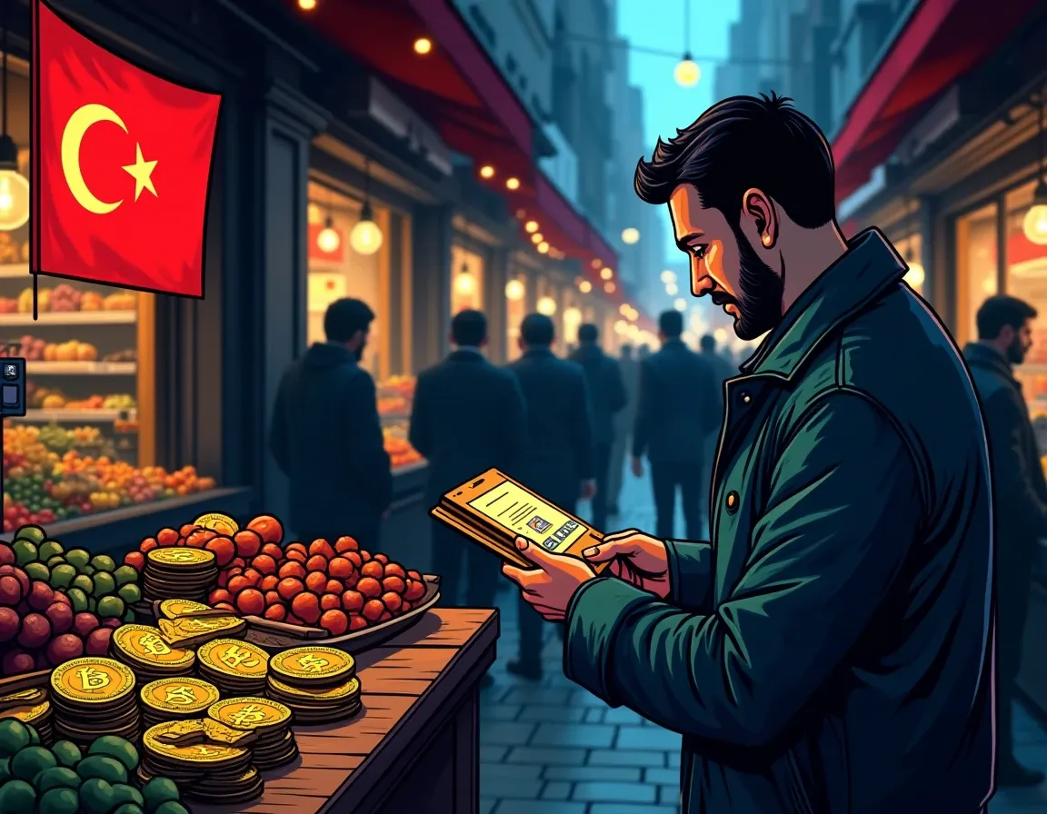 Turkish merchant processing USDT payment in Istanbul marketplace using mobile device