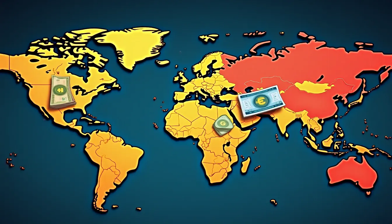 Currency notes from high-inflation countries with stablecoin symbols on remittance corridor map