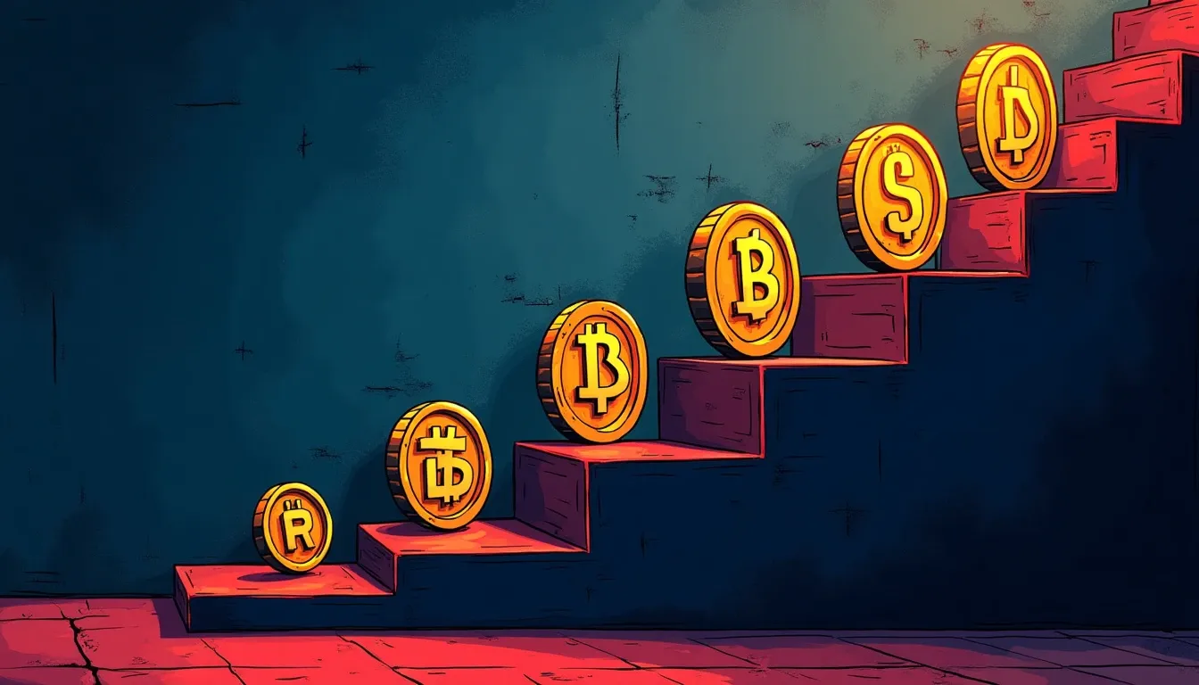 Stablecoin symbols arranged as descending stairs with interest rate percentage markers showing rate floors