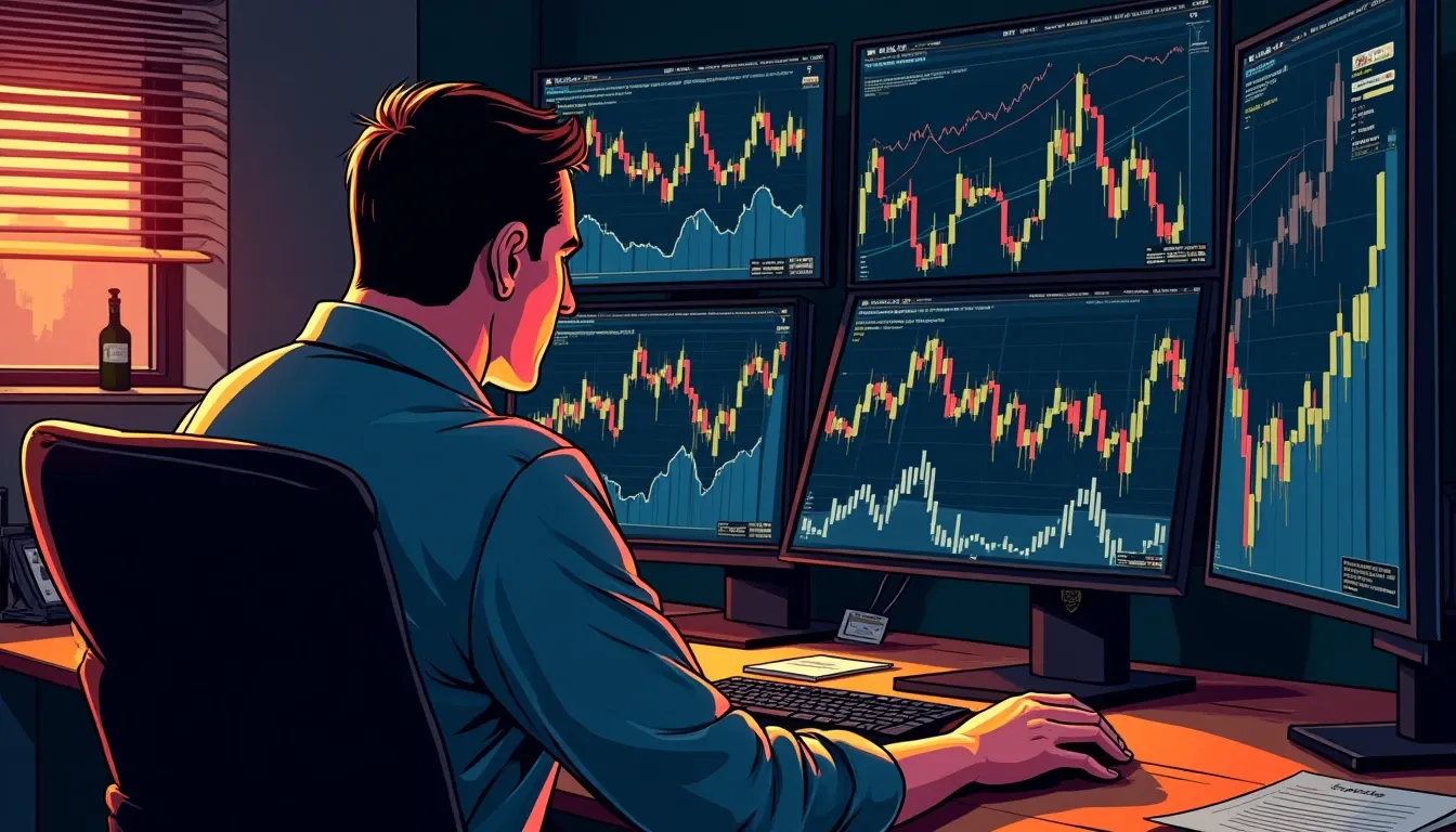 Analyst examining multiple declining rate charts on computer screens in modern office