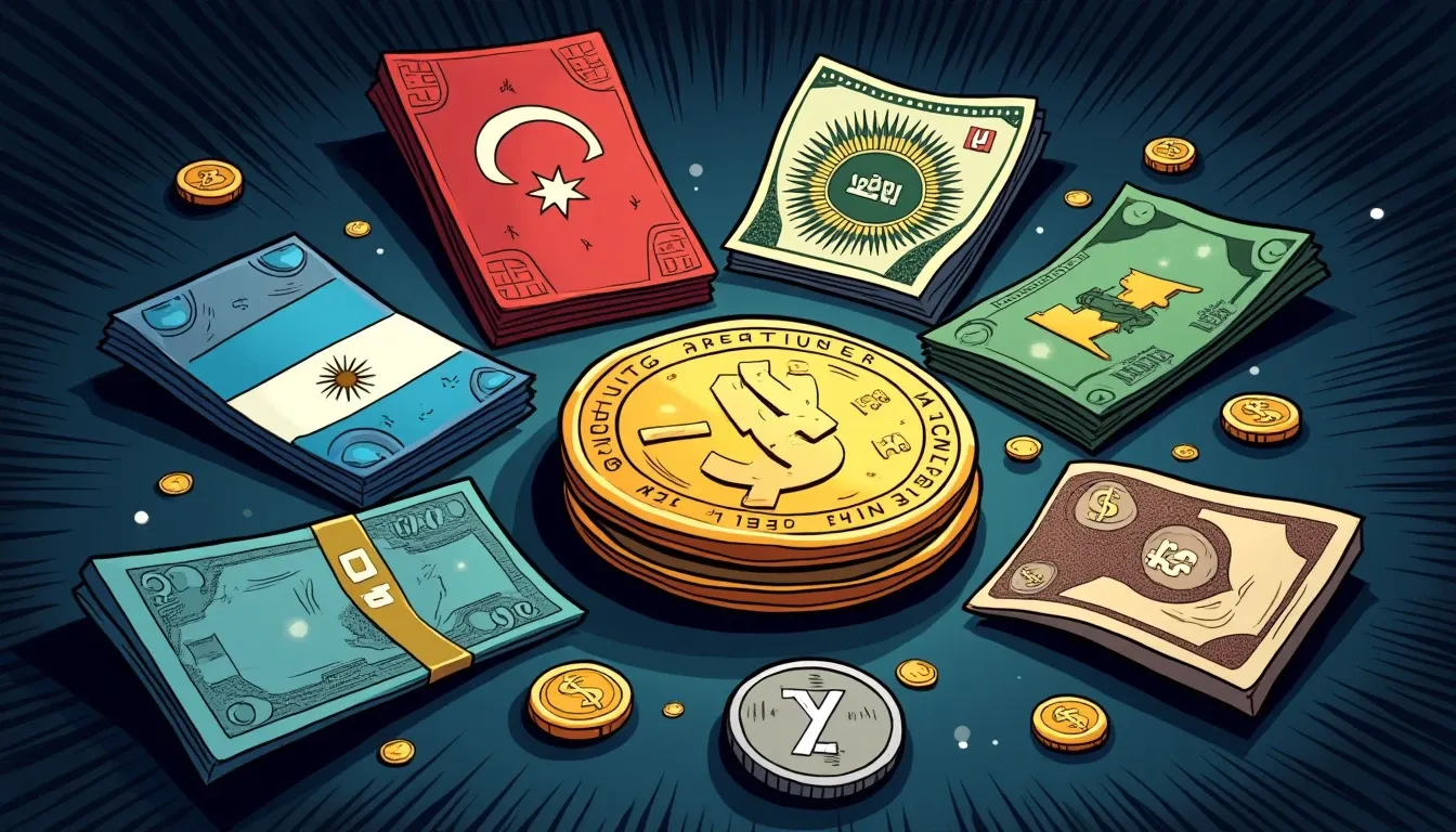 Argentine peso, Turkish lira, and Nigerian naira notes surrounding USDC and USDT symbols with yield indicators