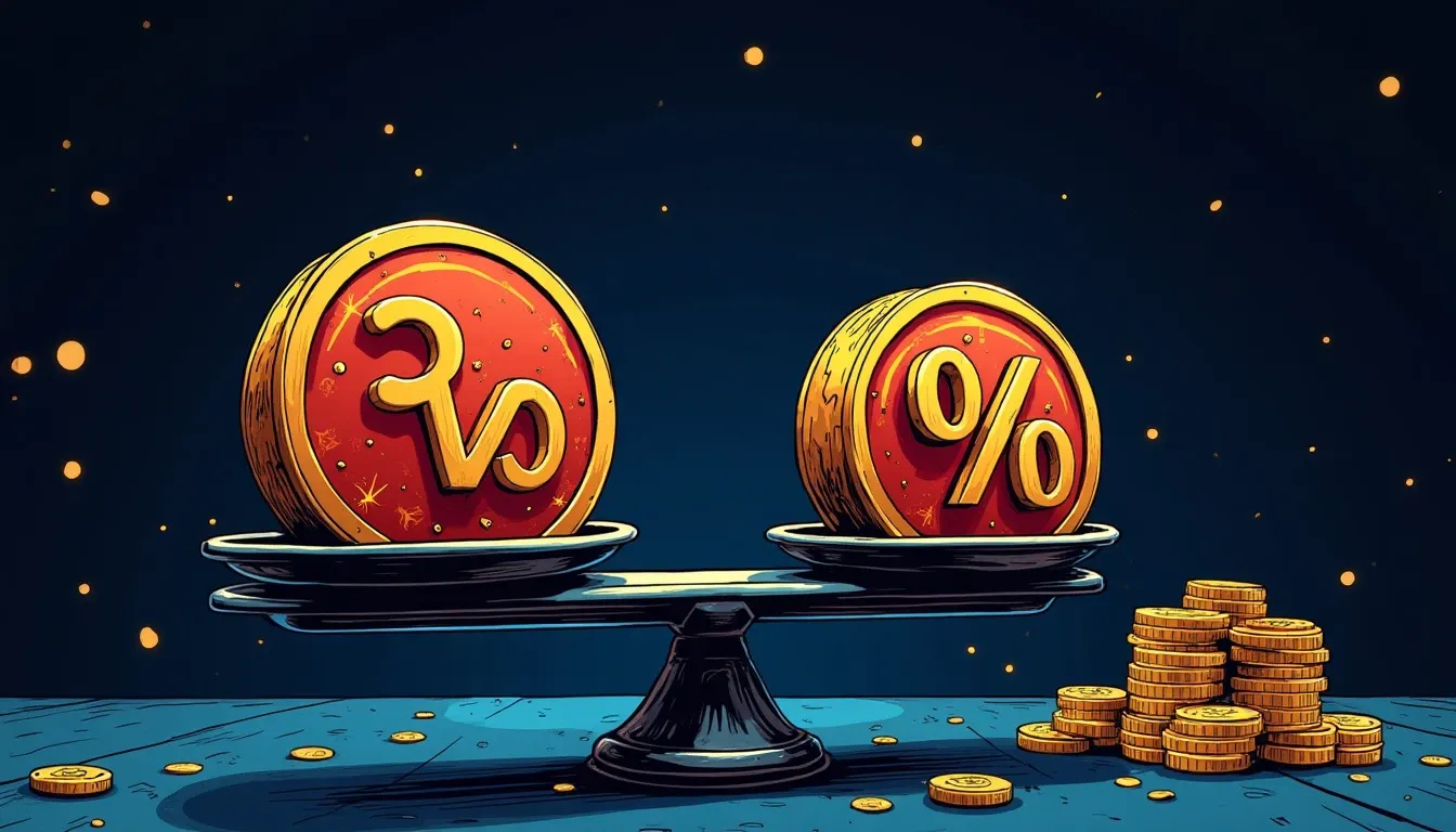 Balance scale comparing stablecoin yield percentages with protocol tokens and transaction fee symbols