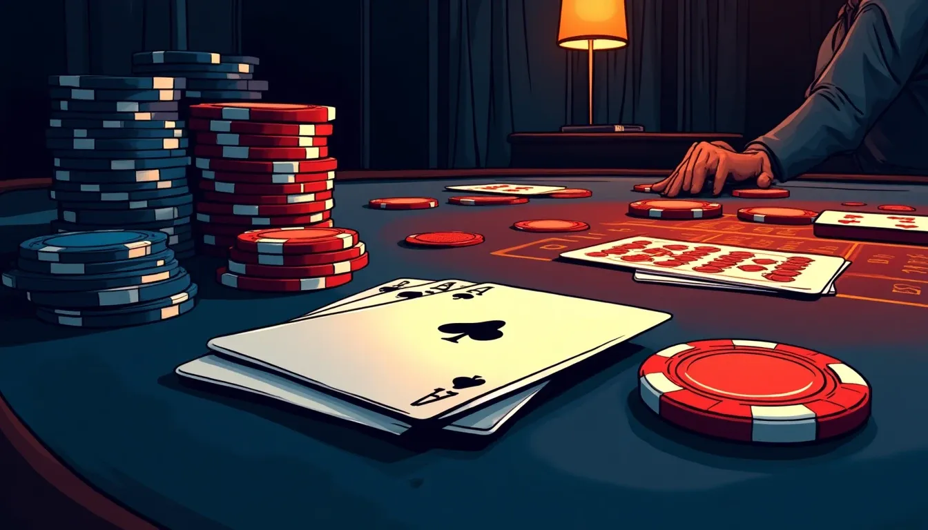 Casino chips and cards on a gaming table with cryptocurrency symbols