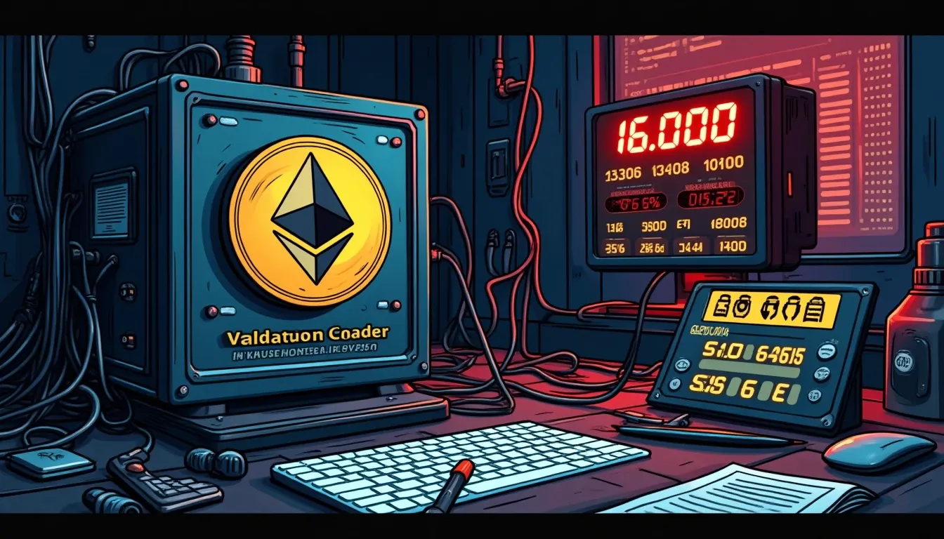 Ethereum validator hardware with network diagram and yield calculation showing fee deductions