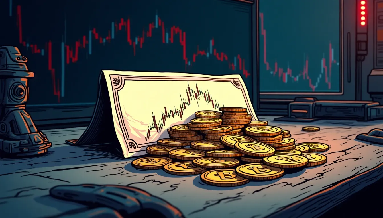 Corporate stock certificates beside physical bitcoin coins representing treasury asset strategy