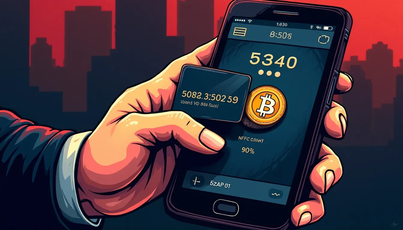 NFC hardware wallet card held near smartphone for cryptocurrency transaction signing