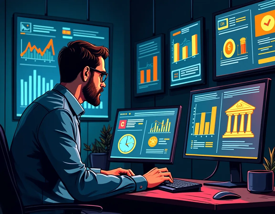 Analyst reviewing tokenized deposit products and yield-bearing stablecoin alternatives on trading monitors