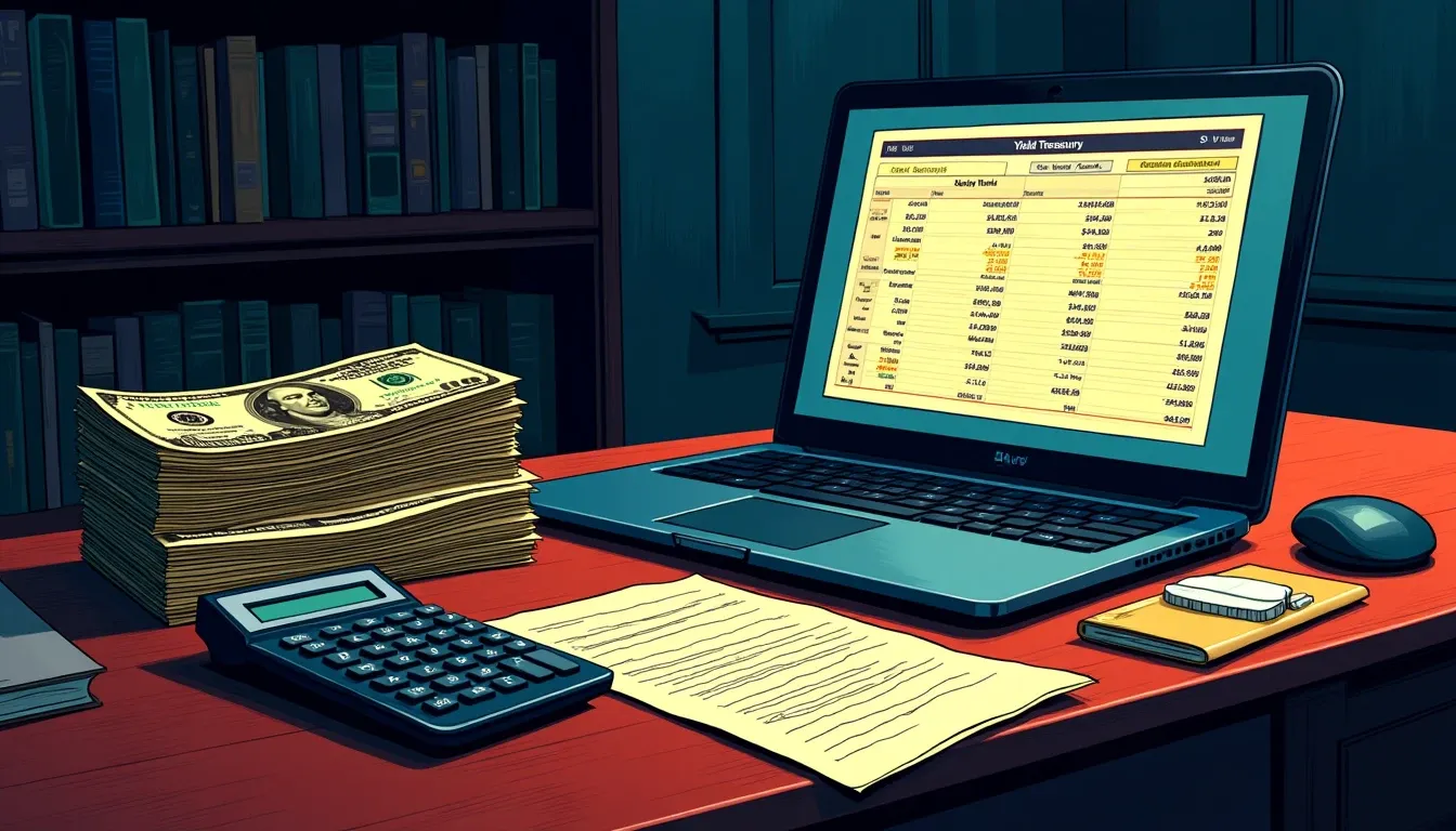 Close-up of US Treasury bills with financial calculator on desk
