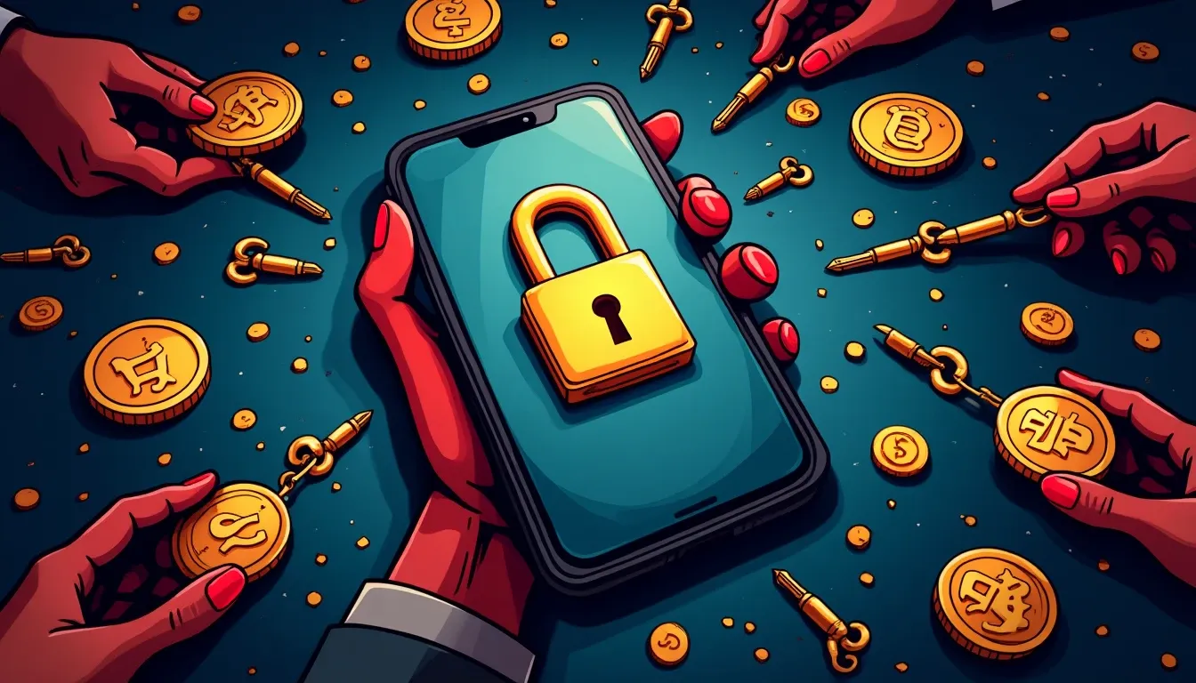 Smartphone with security lock and cryptocurrency icons on screen