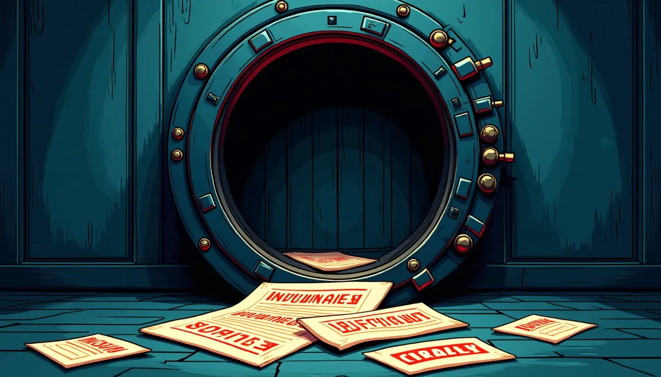 Open empty vault with rejected loan documents stamped insufficient collateral