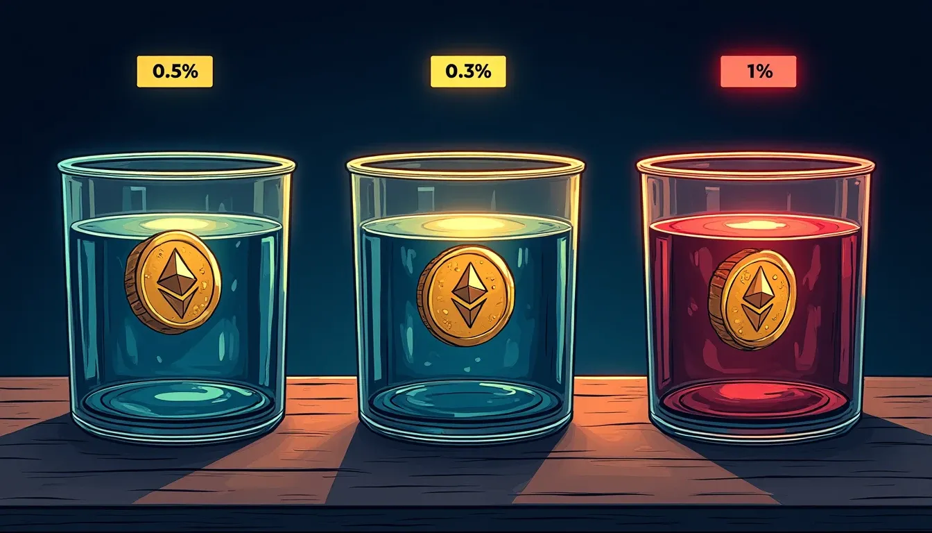 Three Uniswap V3 ETH liquidity pools with different fee tiers and depths visualized as containers