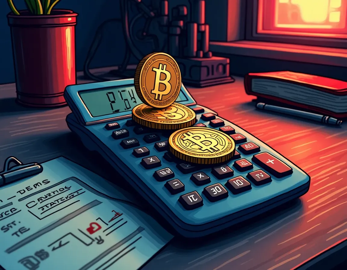 Calculator and crypto tokens representing position sizing calculations for liquidity pool entries during volatility