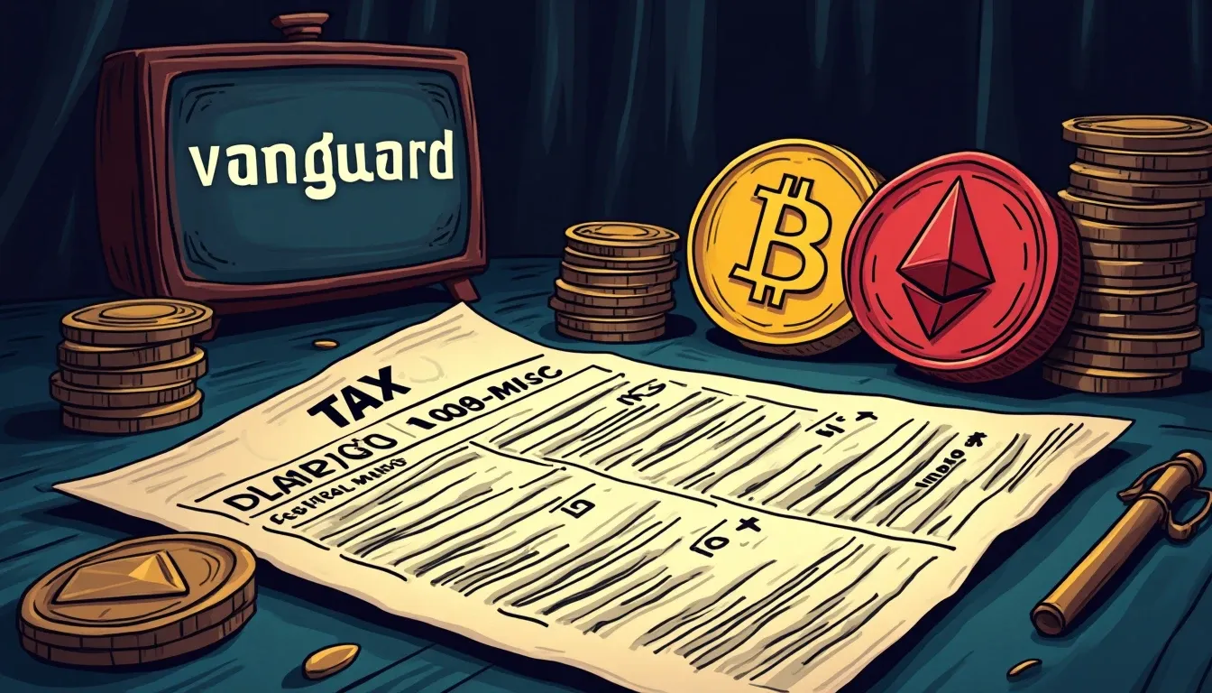 Vanguard logo with cryptocurrency symbols, ETF certificates, and tax documentation