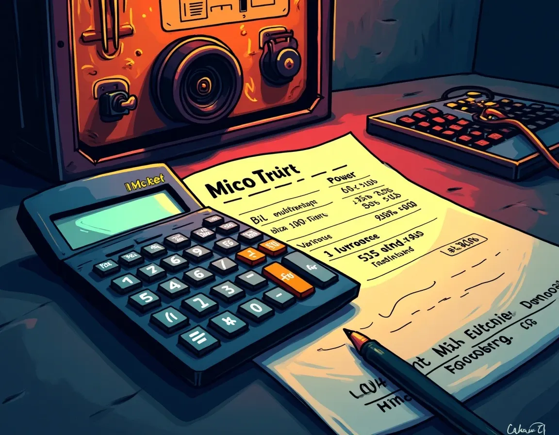 Calculator on electricity bill next to mining hardware power specifications showing wattage calculations