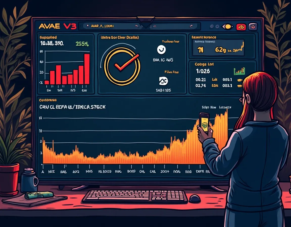 Aave V3 interface wireframe displaying collateral, borrowed assets, and health factor