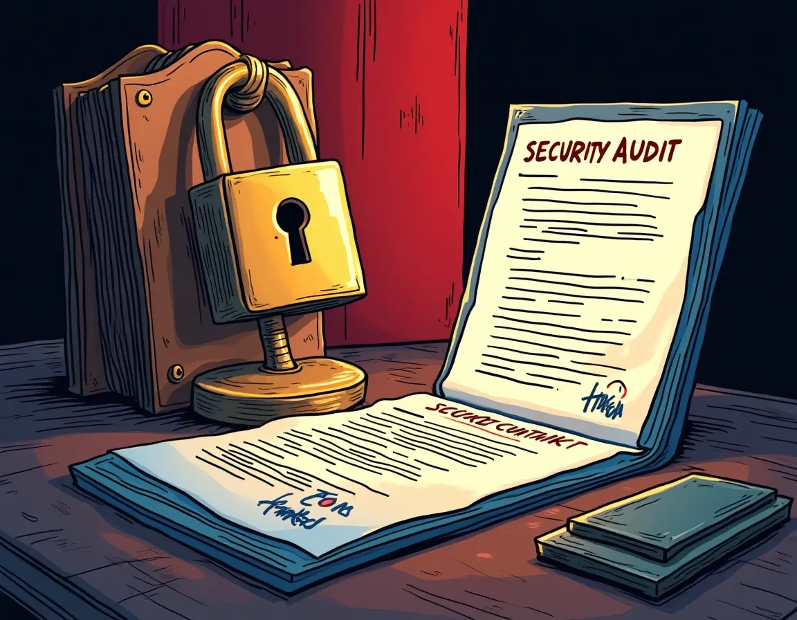 Blockchain security audit certificate next to smart contract code with marked vulnerability sections