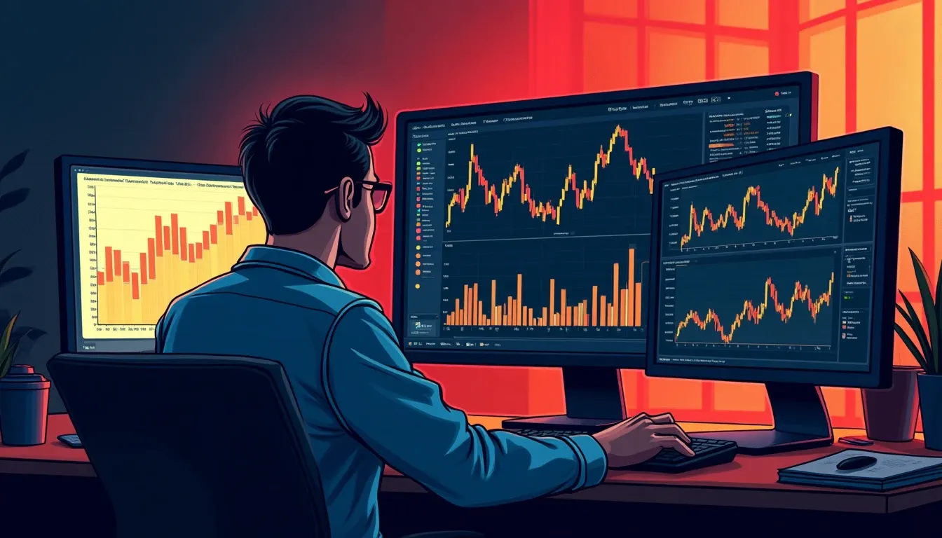 Trading desk displaying cryptocurrency yield charts and DeFi protocol performance metrics