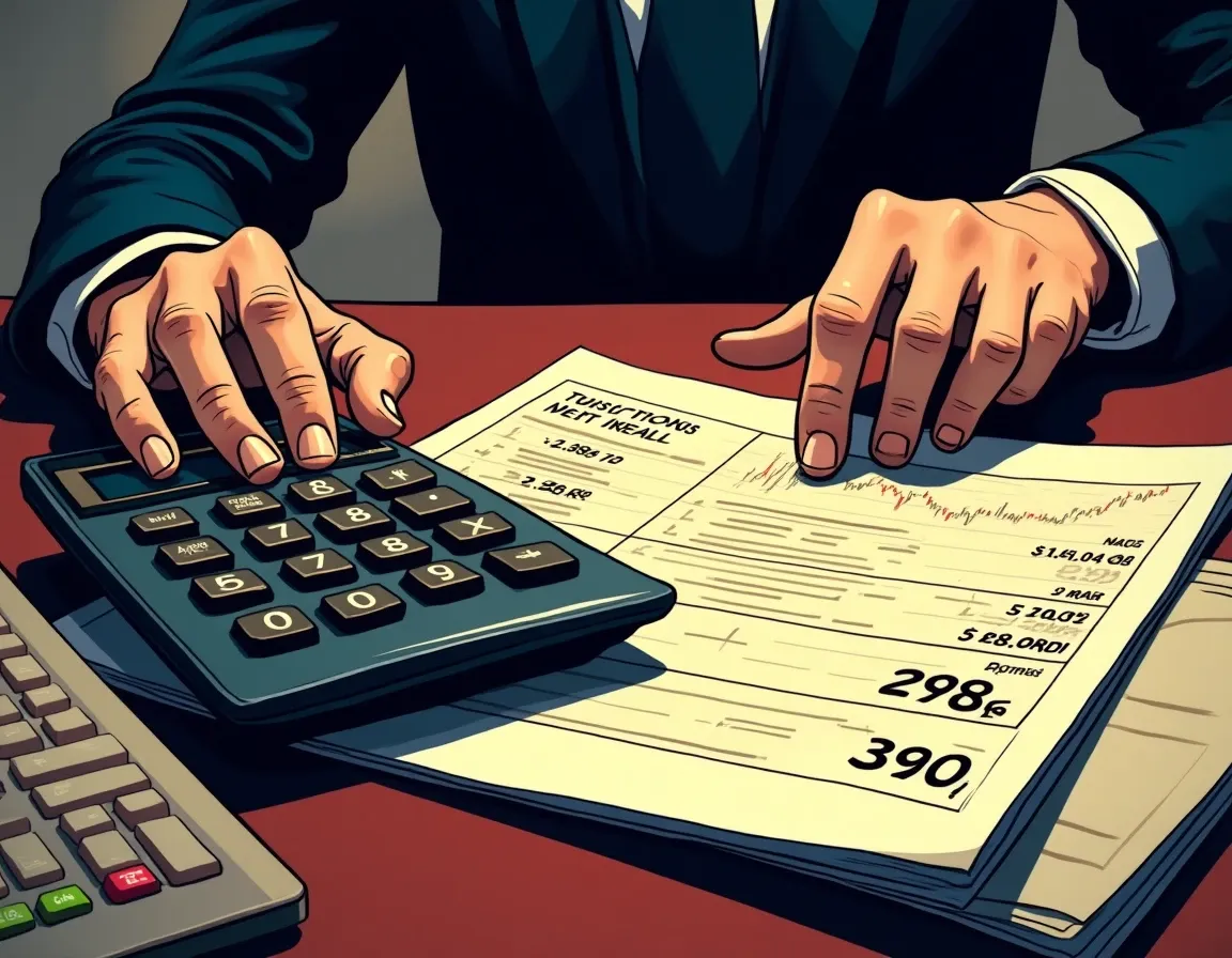 Calculator and financial documents displaying position sizing math and risk allocation percentages