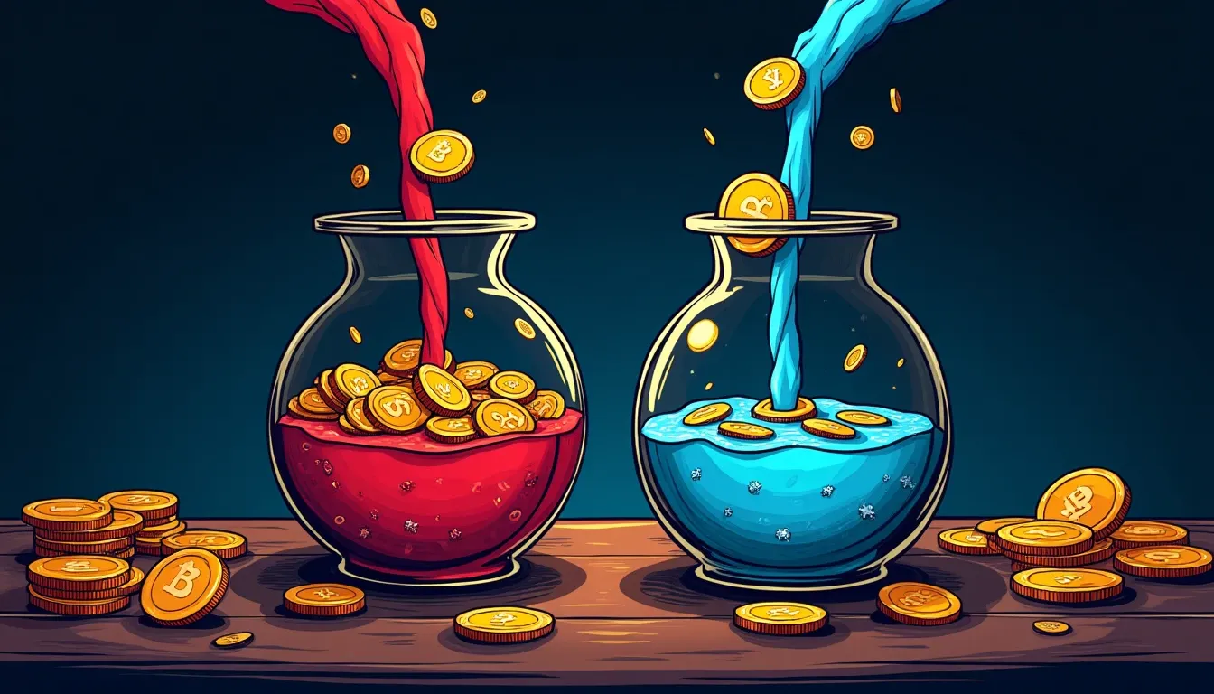 Liquidity pool tokens flowing between vessels showing yield farming mechanism