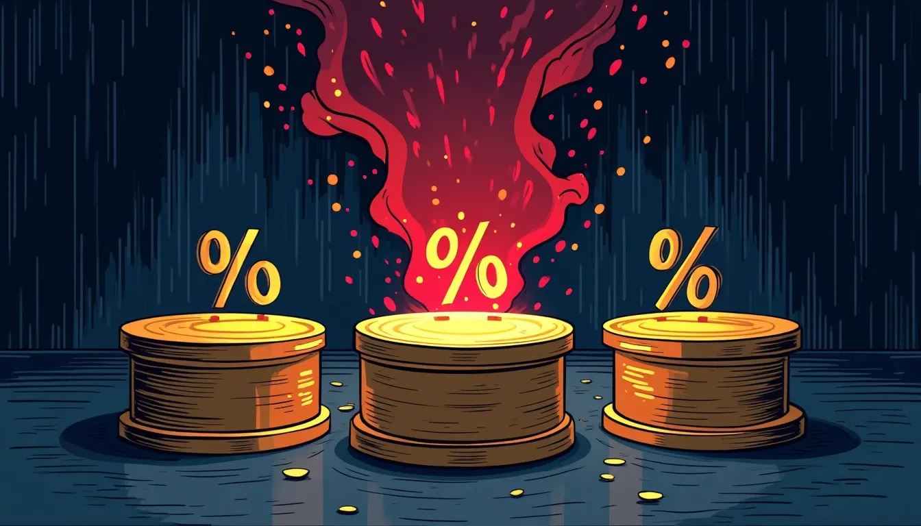 Three yield positions represented as fading percentage symbols on pedestals connected to blockchain nodes