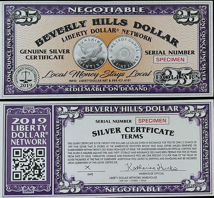 2019 - $25 LDN Beverly Hills Dollar Specimen Silver Certificate