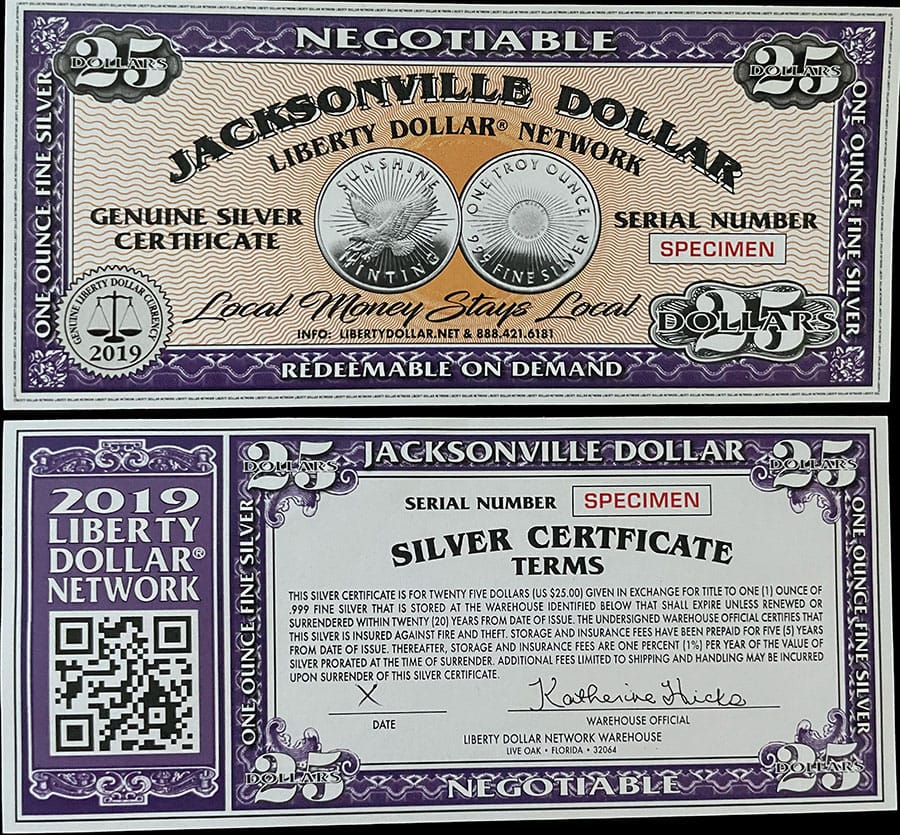 2019 - $25 LDN Jacksonville Dollar Specimen Silver Certificate