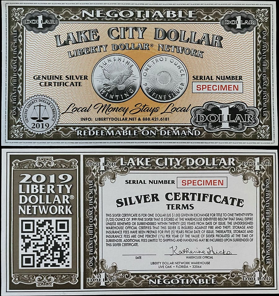 2019 - $1 Lake City Dollar Specimen Silver Certificate