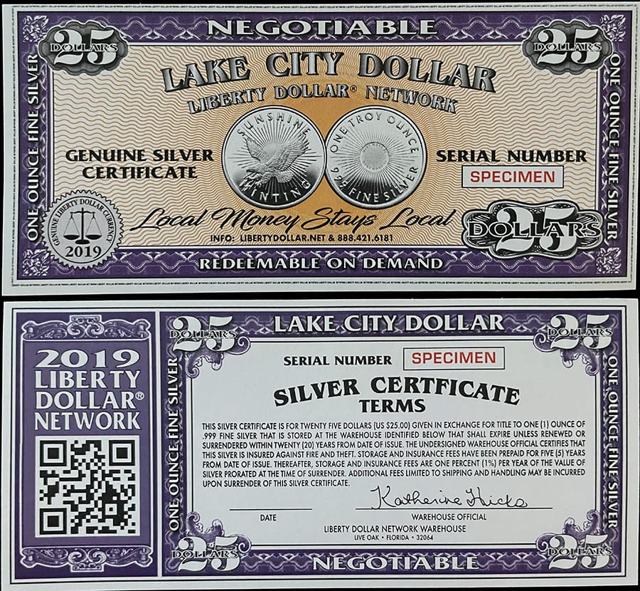 2019 - $25 Lake City Dollar Specimen Silver Certificate