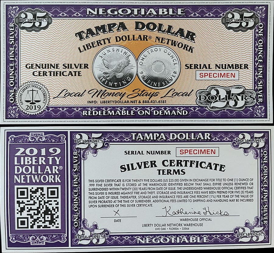 2019 - Tampa Dollar $25 Silver Certificate Specimen