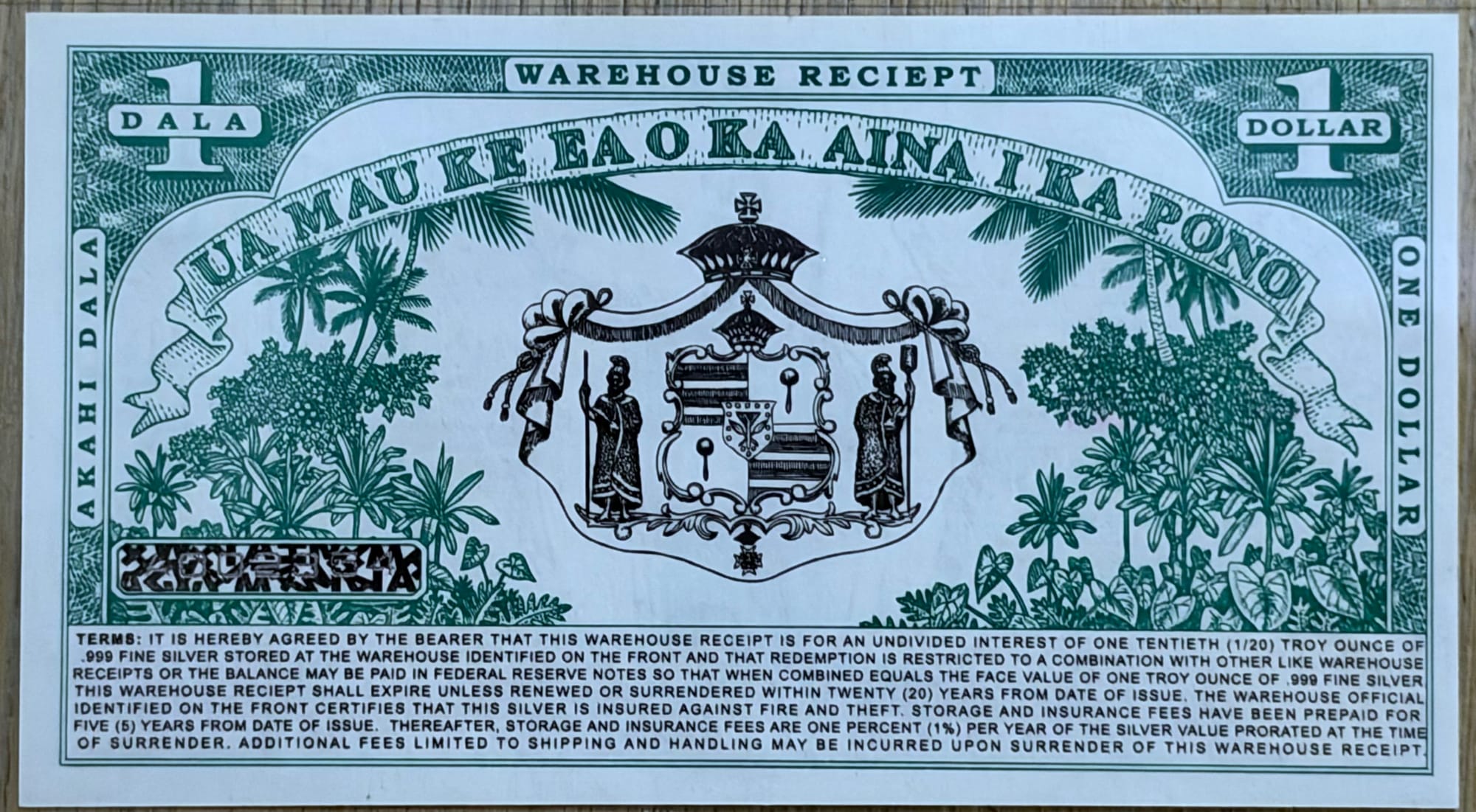 2007 Hawaii Dala $1 silver certificate A002854 warehouse receipt back