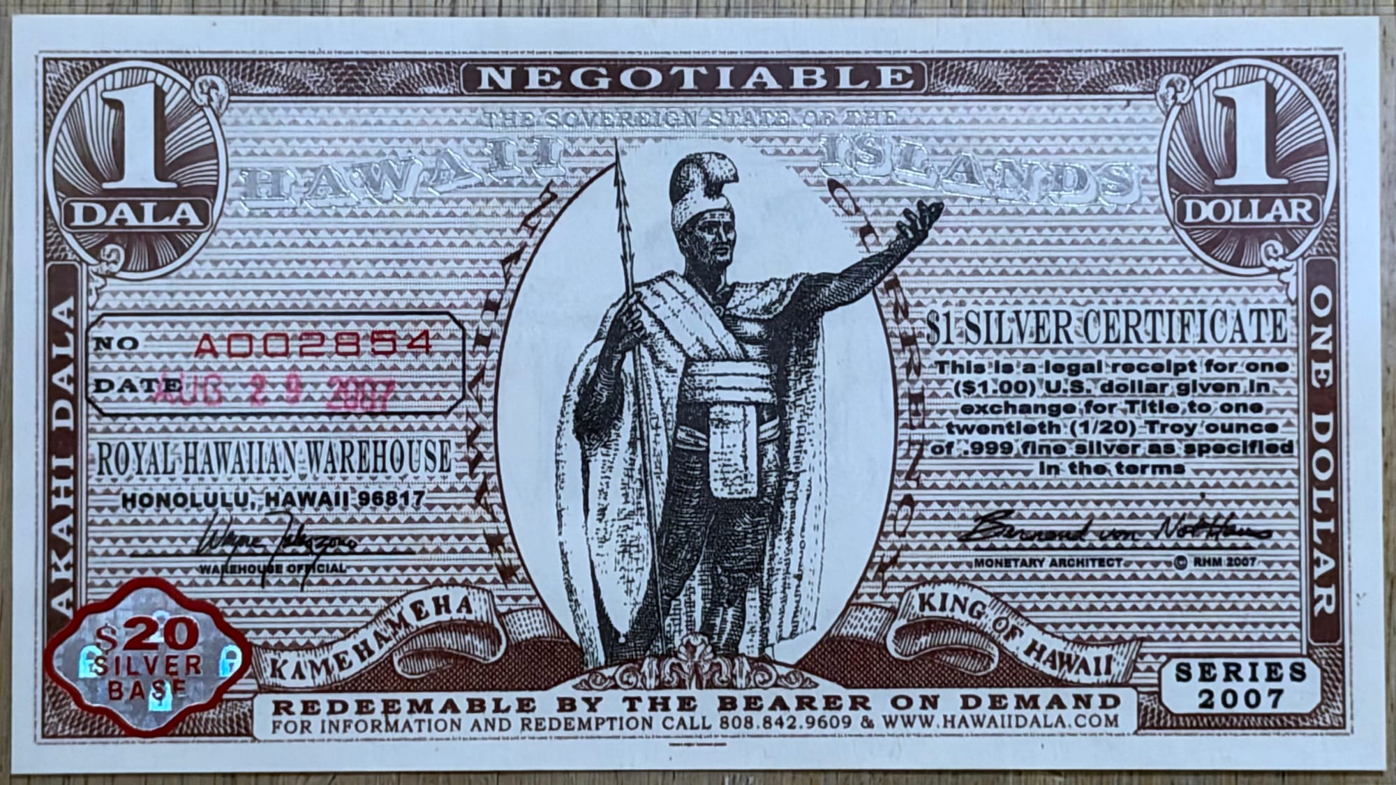 2007 Hawaii Dala $1 silver certificate A002854 obverse