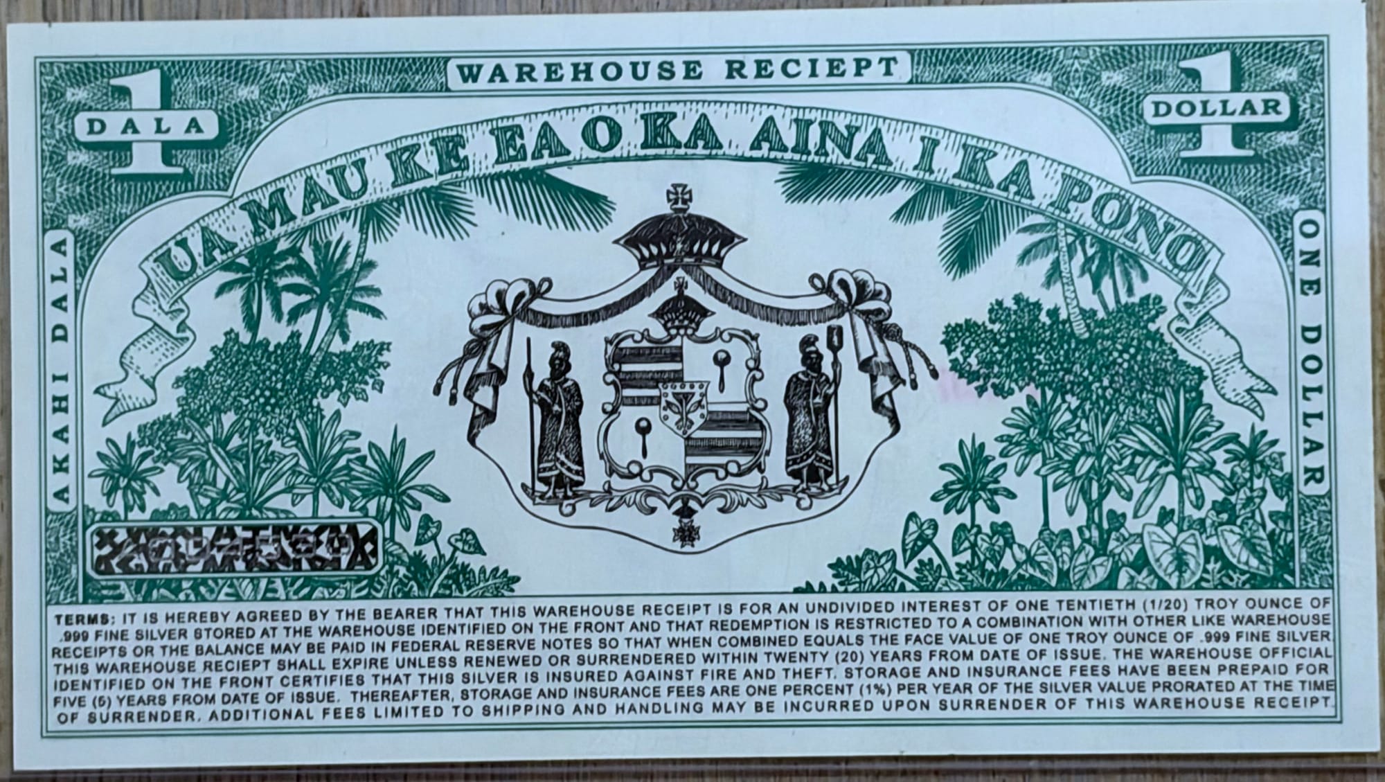 2007 Hawaii Dala $1 silver certificate A004530 warehouse receipt back
