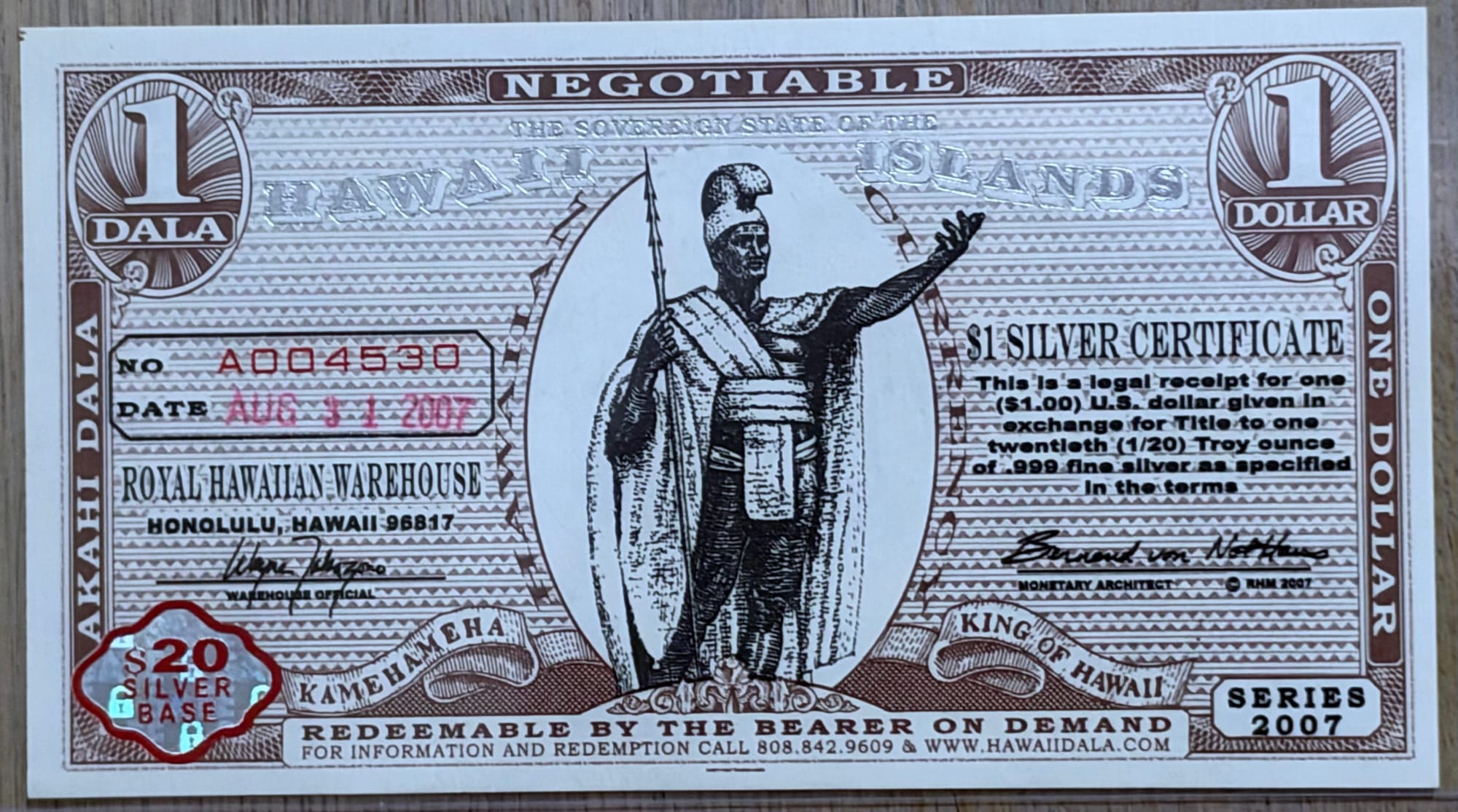 2007 Hawaii Dala $1 silver certificate A004530 obverse