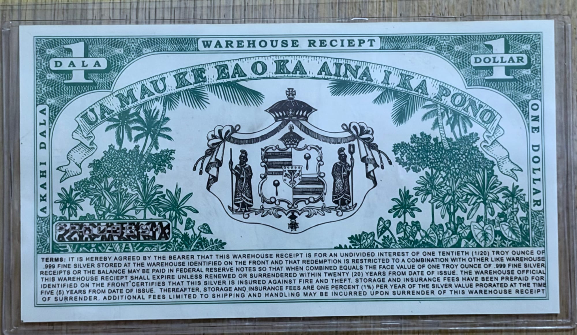 2007 Hawaii Dala $1 silver certificate PR000591 warehouse receipt back