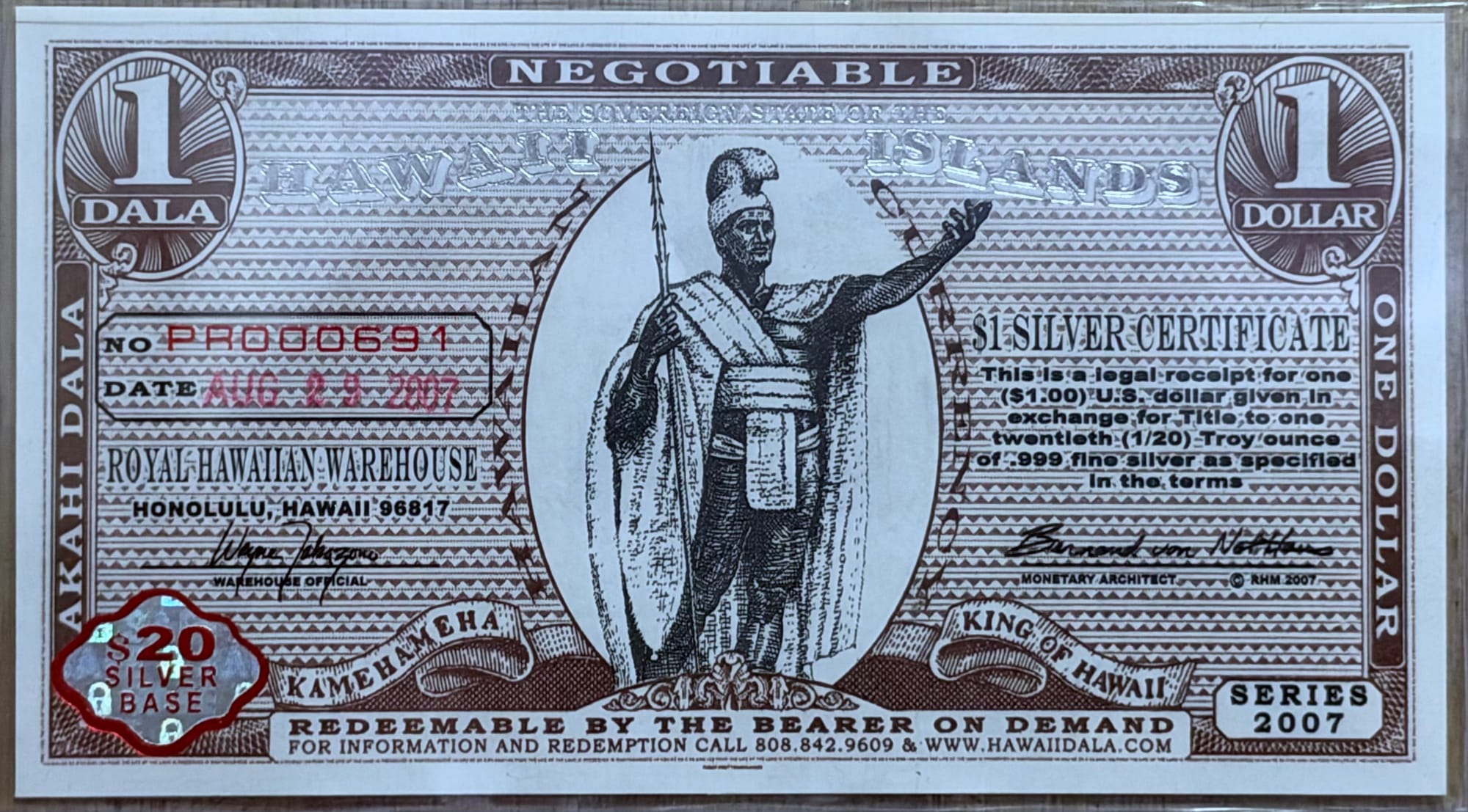 2007 Hawaii Dala $1 silver certificate PR000591 obverse