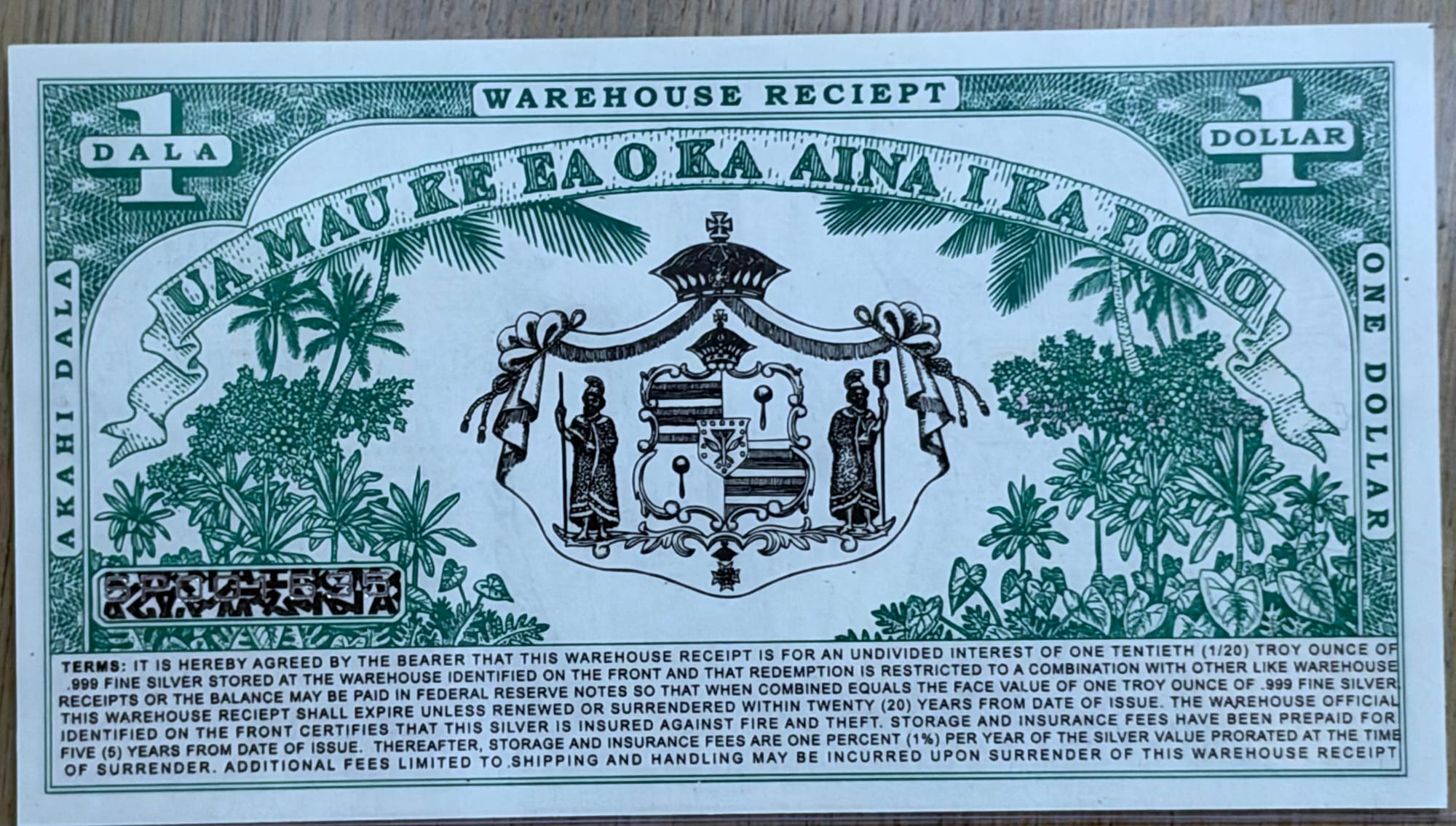 2007 Hawaii Dala $1 silver certificate SP001635 warehouse receipt back