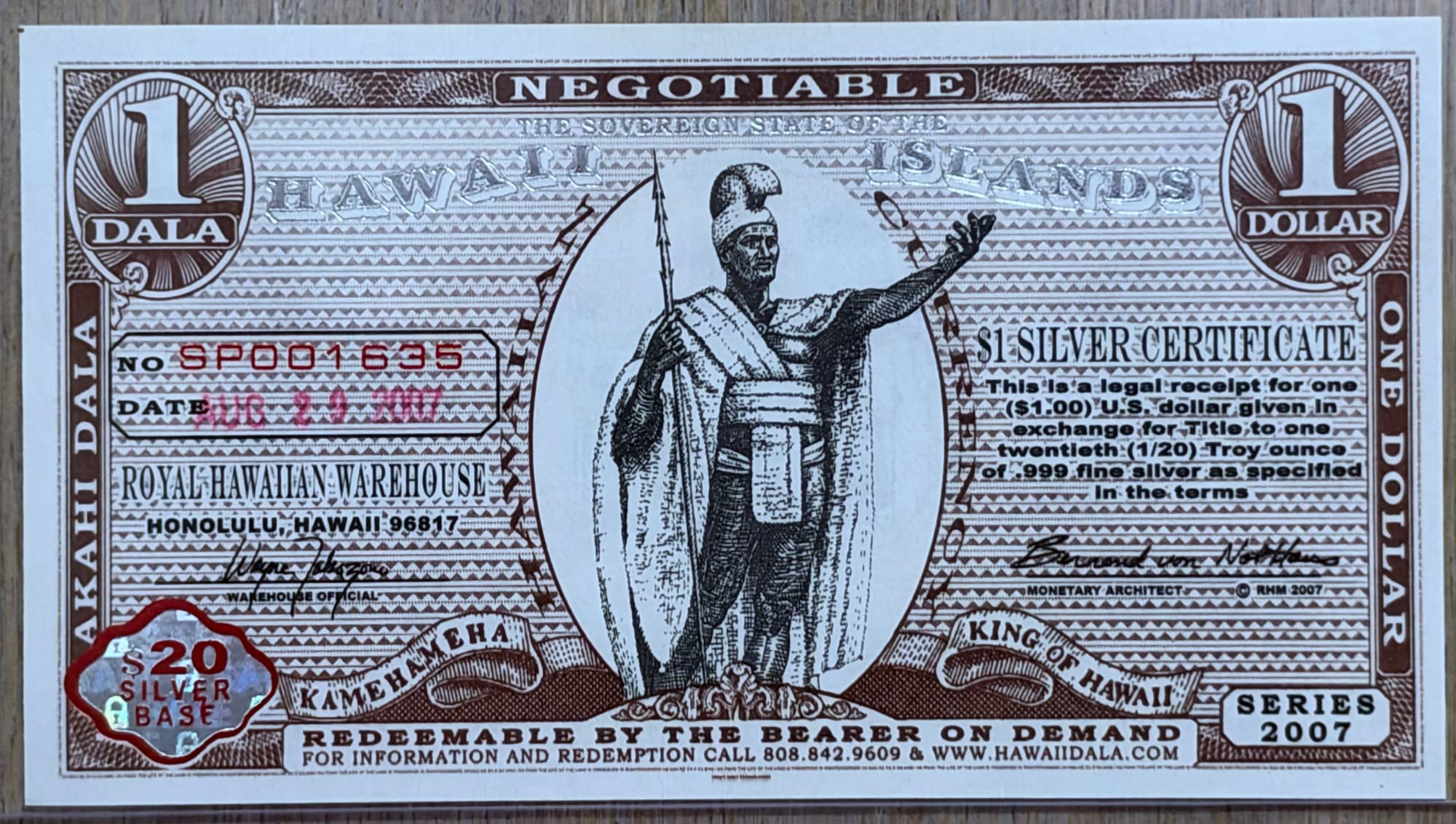 2007 Hawaii Dala $1 silver certificate SP001635 obverse