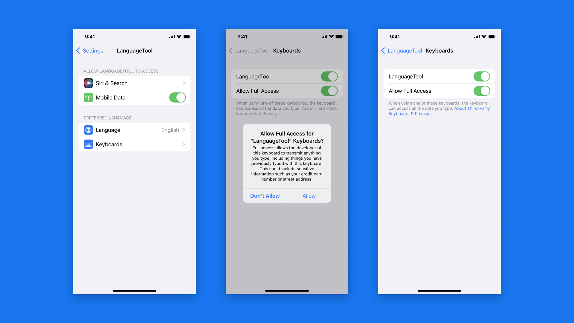 Screenshots 1-3: Mobile data as well as full access to the keyboard must be allowed. 