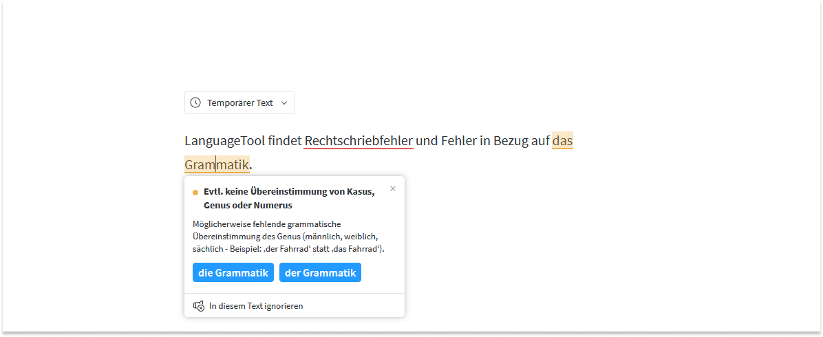Korrekturanzeige bei LanguageTool