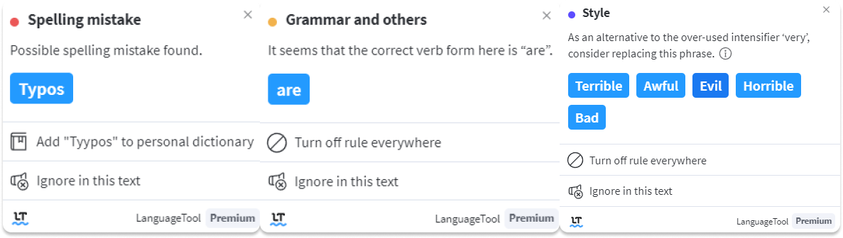 The error cards tell you about the type of mistake, explanations, and possible corrections. 