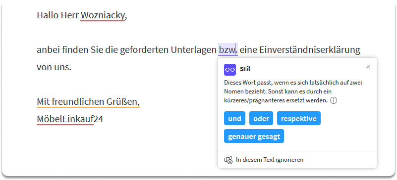 Beispiel 1: Anzeige der Fehler im LanguageTool Editor