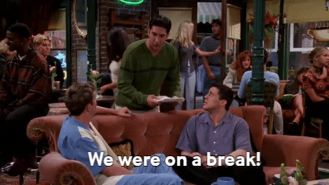 GIF of Ross from the television show "Friends" screaming "we were on a break!"