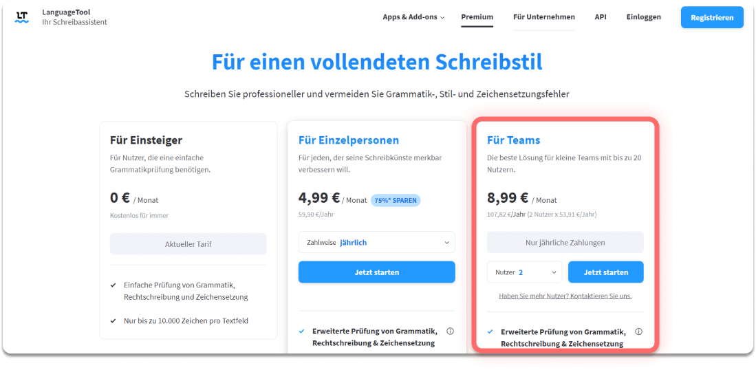 Entnehmen Sie die aktuellen Preise for ein LanguageTool-Team-Konto der Homepage.